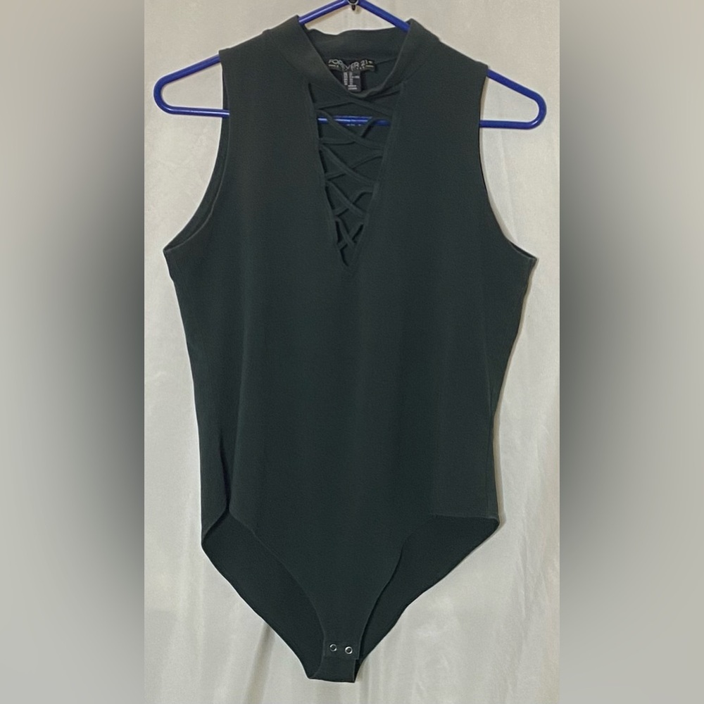 Forever 21+ Plus Size Dark Green Bodysuit w/ Criss Cross Mock Neckline